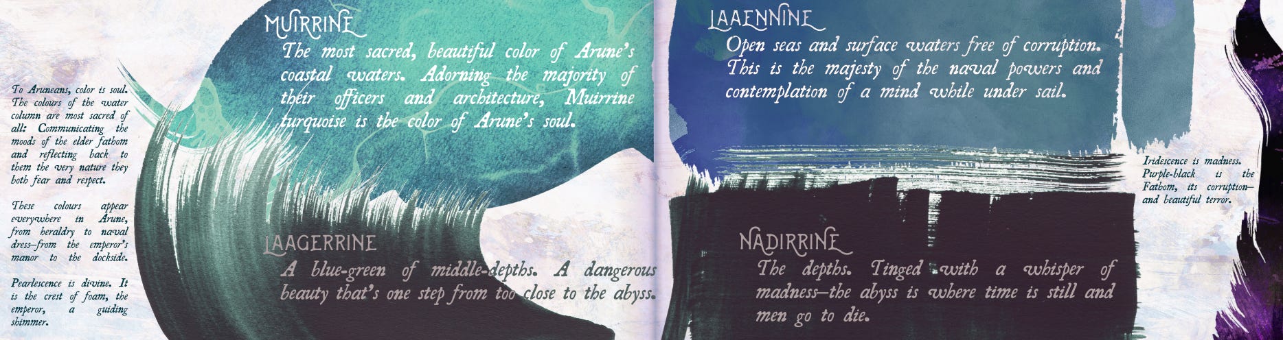 Visual guide to Arunean color symbolism as spiritual geography: four horizontal panels showing the water column from surface to abyss. Muirrine (sacred turquoise of coastal waters), laaeninne (deep blue of open sea), laagerrine (dangerous blue-green of middle depths), and nadirrine (abyssal purple-black where men go to die). Left sidebar explains the distinction between pearlescence (divine) and iridescence (fathom corruption) in Arunean material culture.