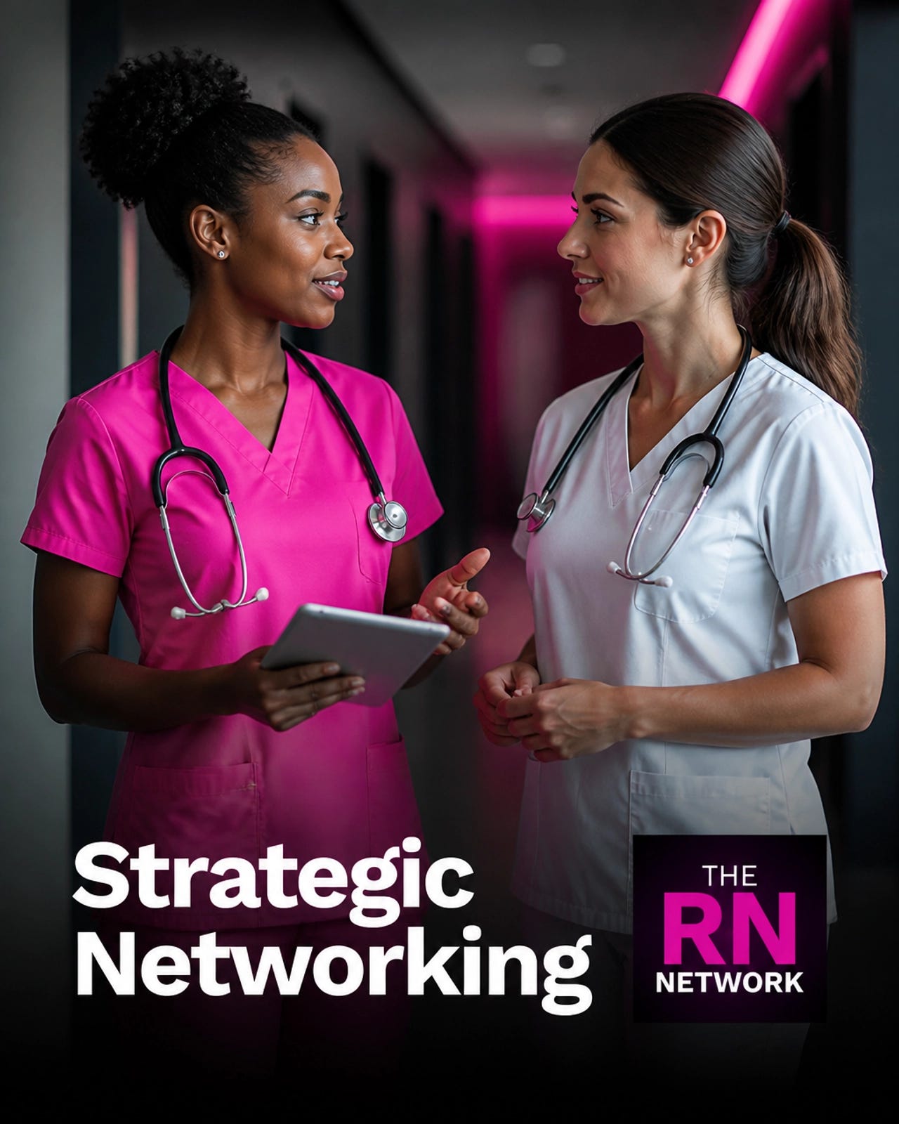 Two nurses in professional scrubs having a strategic conversation in a hospital hallway