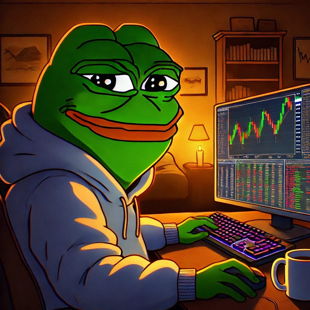 A Pepe the Frog character with a smirk, sitting at a computer. The scene should show Pepe in a casual, relaxed environment, with a slightly mischievous expression on his face. The computer screen is visible with a mixture of charts and graphs, indicating he is working or trading. The background is simple, with a cozy room setting, a coffee mug next to the computer, and some scattered papers. The lighting is warm, giving the scene a comfortable and inviting feel.