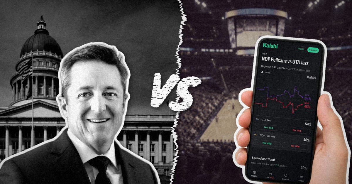 Utah Attorney General Derek Brown and a phone showing the Kalshi app, with VS between them Utah Attorney General Derek Brown and a phone showing the Kalshi app, with VS between them
