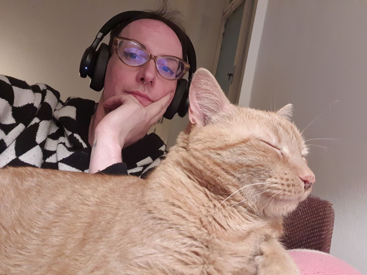 Selfie of me, wearing glasses and headphones, a red-yellow cat in the forefront of the image Selfie of me, wearing glasses and headphones, a red-yellow cat in the forefront of the image