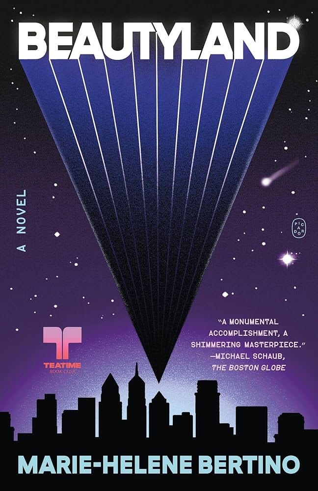 A city is cast in shadows with a purple sky and shooting stars. A large triangle above the city widens out to form the title Beautyland. A city is cast in shadows with a purple sky and shooting stars. A large triangle above the city widens out to form the title Beautyland.
