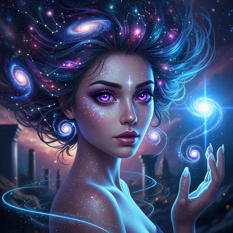 Beautiful Female Portrait with Cosmic Color Space and Neon Blue Lighting,  Hyperrealism Fantasy Aesthetic | AI Art Generator | Easy-Peasy.AI