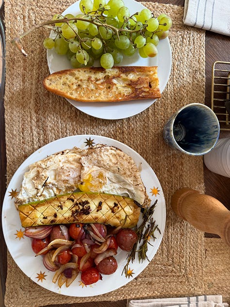 A boy holding freshly collected blue, green and brown eggs with hens behind him; an overhead breakfast plate with eggs, grilled bread, tomatoes and sausage; a girl holding a white kitten.