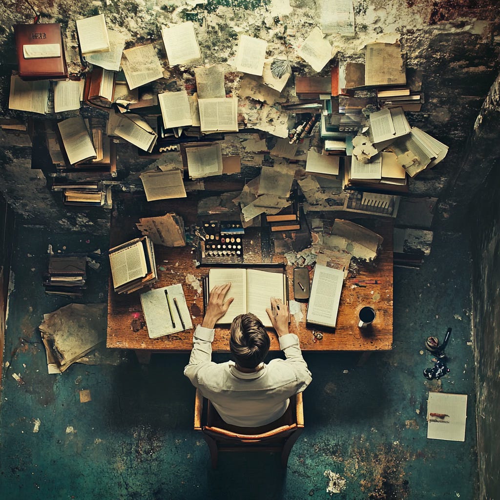 A writer at a desk, and in front of him is a tidal wave of manuscripts.
