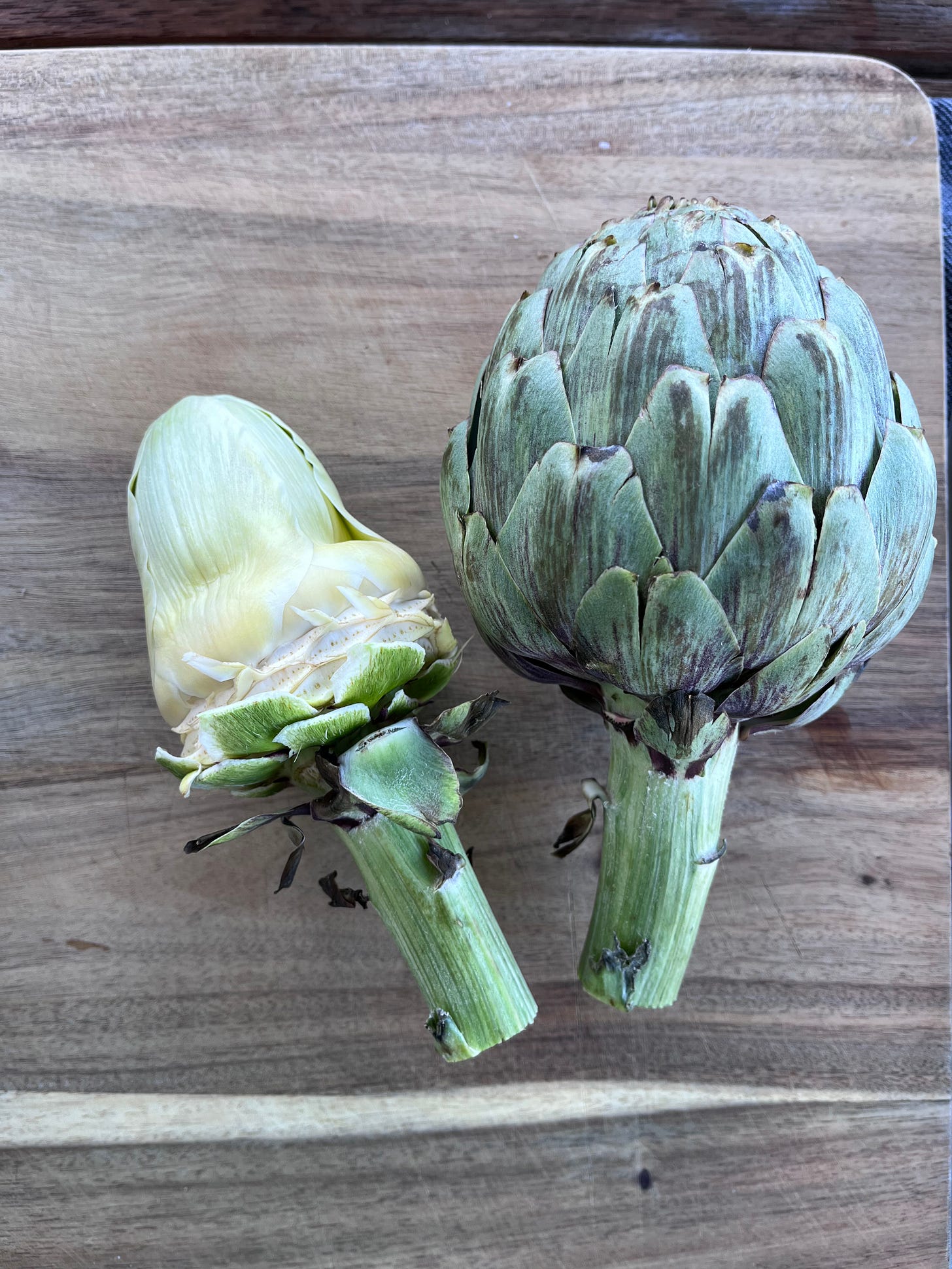 two artichokes, one on the left has had its outer bracts cut away.