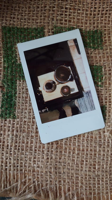A collage of instant photographs of coffee mugs or a white, bald, bearded man drinking coffee