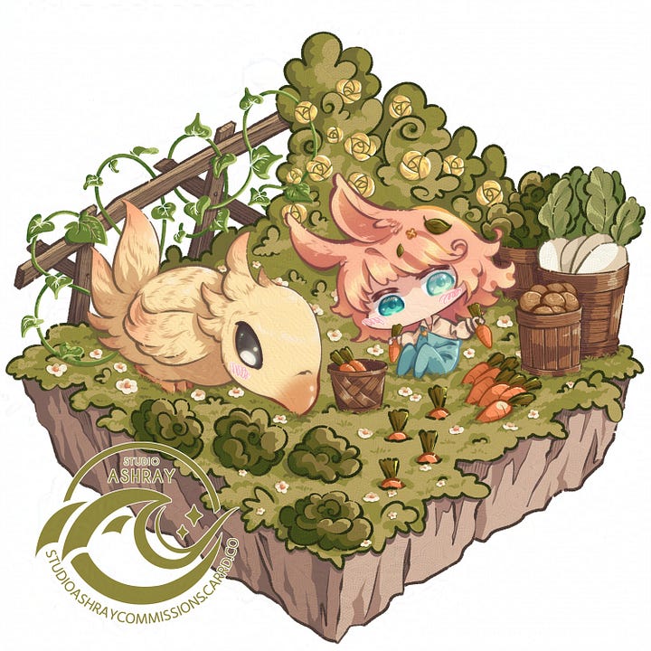 Jellyfish Bloom style sample arts of our characters: Ageha in the archivist platform(left) and Kheeja with his chocobo(right).