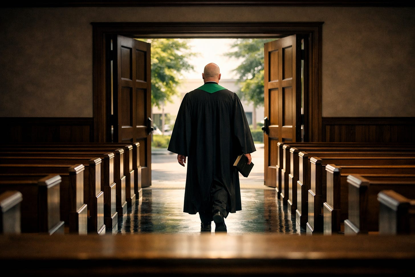 A imagem mostra o interior de uma igreja vista a partir do altar, como se o observador estivesse de pé diante dele. O ambiente é silencioso e vazio, com fileiras de bancos de madeira polida alinhadas dos dois lados de um corredor central. A luz dentro da igreja é suave e dourada, contrastando com o brilho intenso que vem da porta aberta ao fundo.  No centro da composição, um pastor presbiteriano caminha lentamente pelo corredor em direção à saída. Ele é um homem branco, de meia-idade, com a cabeça raspada. Veste uma toga preta que se move levemente enquanto anda, e sobre ela há uma estola verde que desce pelos ombros. Em uma das mãos, ele segura uma Bíblia, firme, como se fosse parte de sua rotina e vocação.  A câmera o captura de costas, mostrando sua silhueta recortada pela luz que entra pelas portas abertas. Do lado de fora, há um dia claro e ensolarado — é possível perceber árvores verdes e um prédio ao longe, banhados pela luz do sol. O contraste entre o interior escuro e o exterior luminoso cria uma sensação de transição: o pastor está deixando o espaço sagrado e indo ao encontro do mundo lá fora.  A atmosfera é contemplativa, quase cinematográfica — o silêncio dos bancos vazios, o brilho da madeira, e o passo tranquilo do pastor sugerem um momento de encerramento, como se ele tivesse terminado um culto e agora seguisse para a vida cotidiana.