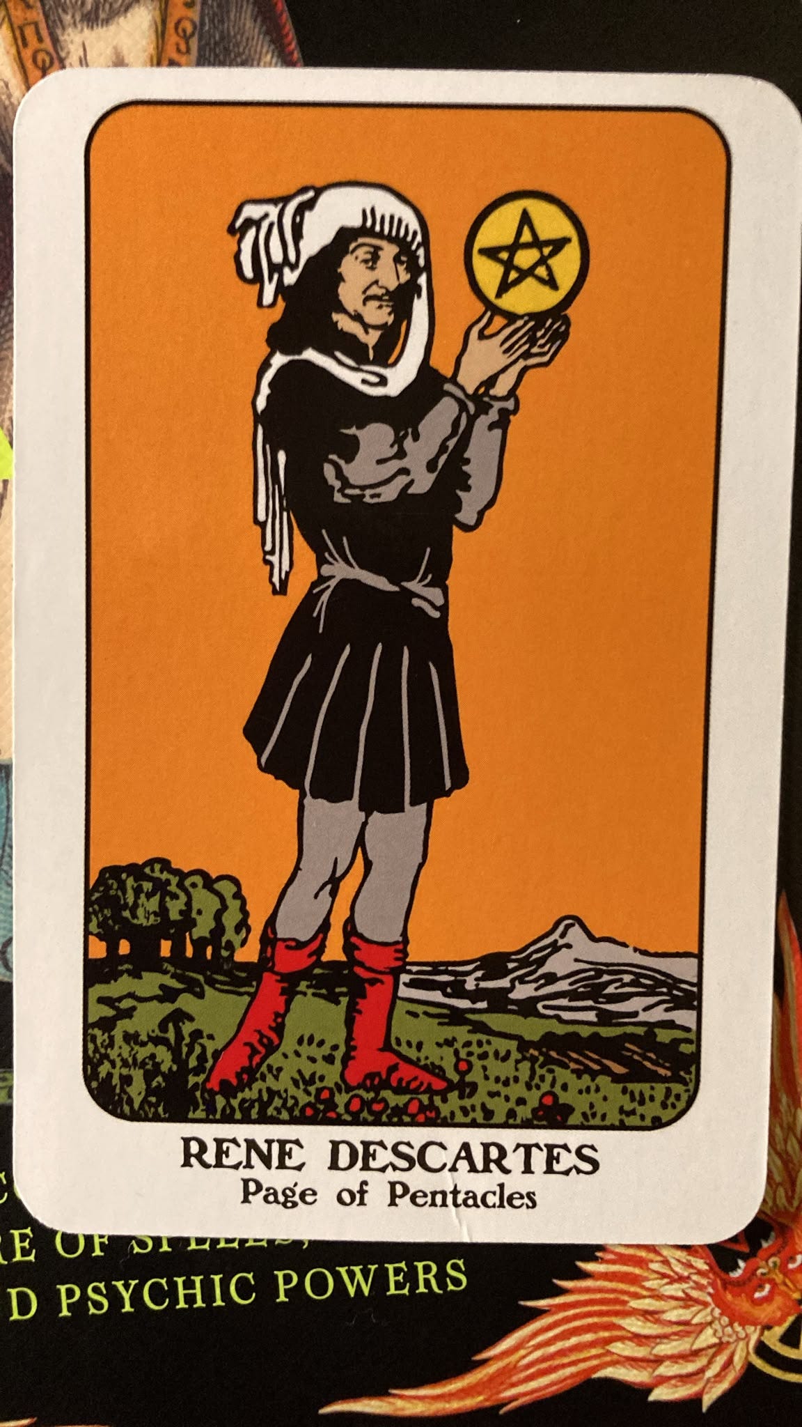 The Page of Pentacles card from The Philosopher’s Tarot, depicting French philosopher René Descartes in historical clothing holding a golden pentacle against an orange sky, with fields and distant mountains behind him. The Page of Pentacles card from The Philosopher’s Tarot, depicting French philosopher René Descartes in historical clothing holding a golden pentacle against an orange sky, with fields and distant mountains behind him.