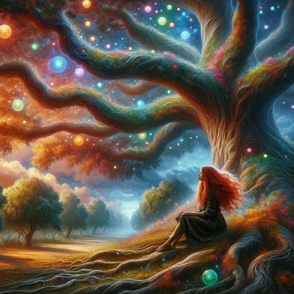 young woman under tree AI generated 
