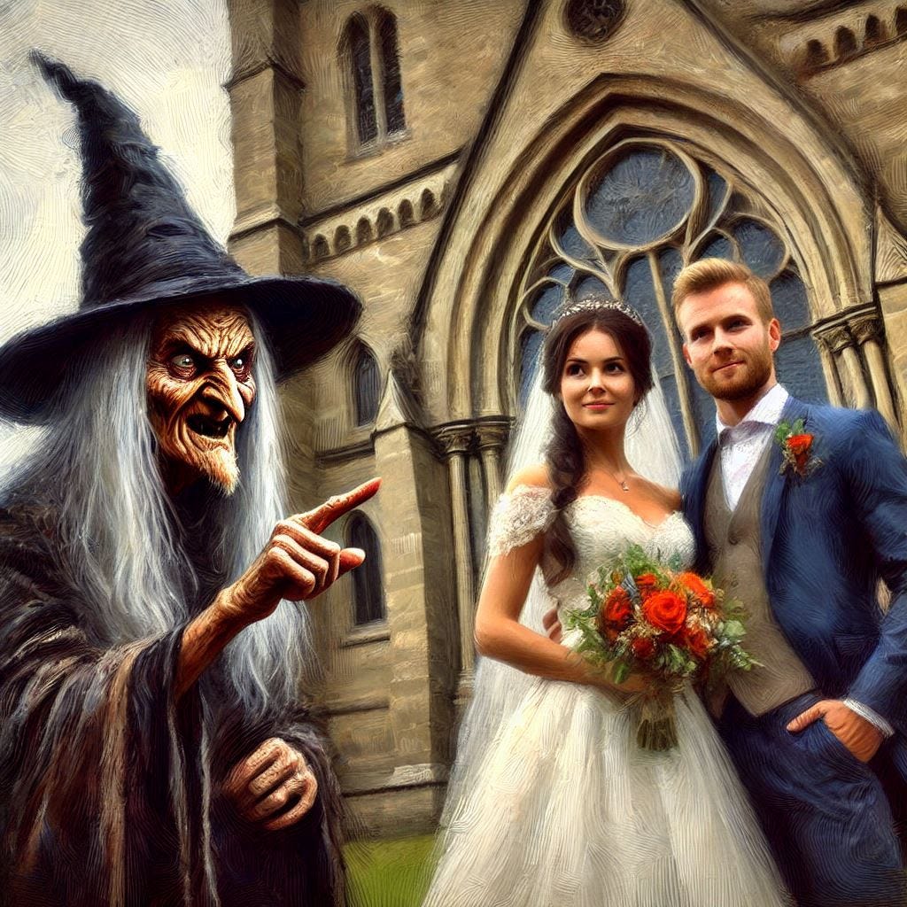 An evil, aged witch stands in front of a beautiful young married couple and points her finger at them. Exterior of a church. Slight impressionist style.