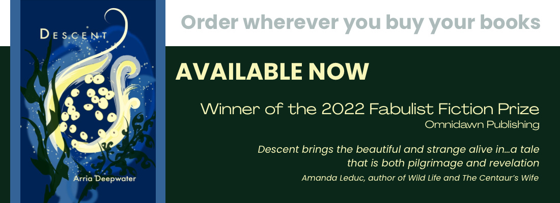 Promotional banner: book cover for Descent by Arria Deepwater abstract eggs under water, order wherever you buy your books
