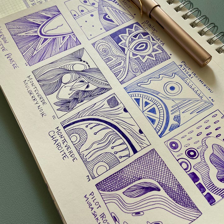 Glimpses from 30 Inks 30 Days grids from 2022. A Cowen
