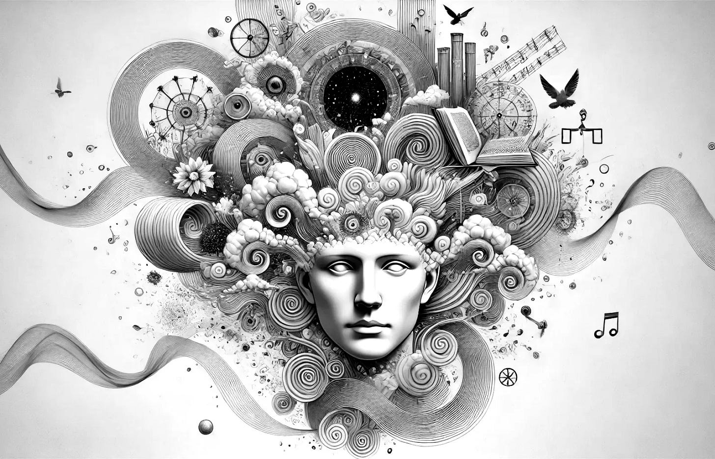 A wide-format, cinematic-style surrealist artwork in fine line art style. A gender-neutral human head is shown in the center, slightly tilted and facing the viewer with a calm, contemplative expression. The background is plain white, minimal and clean, emphasizing the negative space. Emerging from the top of the head is a poetic explosion of imagination—delicate flowing lines, clouds, and surreal abstract elements. These include symbolic fragments like open books, birds in flight, miniature planets and universes, floating islands, musical notes, all-seeing eyes, old keys, and ancient scrolls. The imagery is surrounded by dreamlike spirals, fractals, and wave-like patterns that blend into soft cloud forms and chaotic, ink-like strokes. The palette is monochromatic, either black ink on white or deep blue on cream, with strong attention to balance, symmetry, and minimalism. The composition evokes introspection, imagination, and the quiet power of storytelling bursting forth from the human mind.