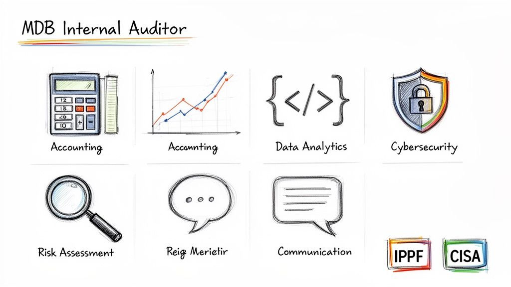 An illustration outlining key skills for an MDB Internal Auditor: accounting, data analytics, cybersecurity, risk assessment, and communication.