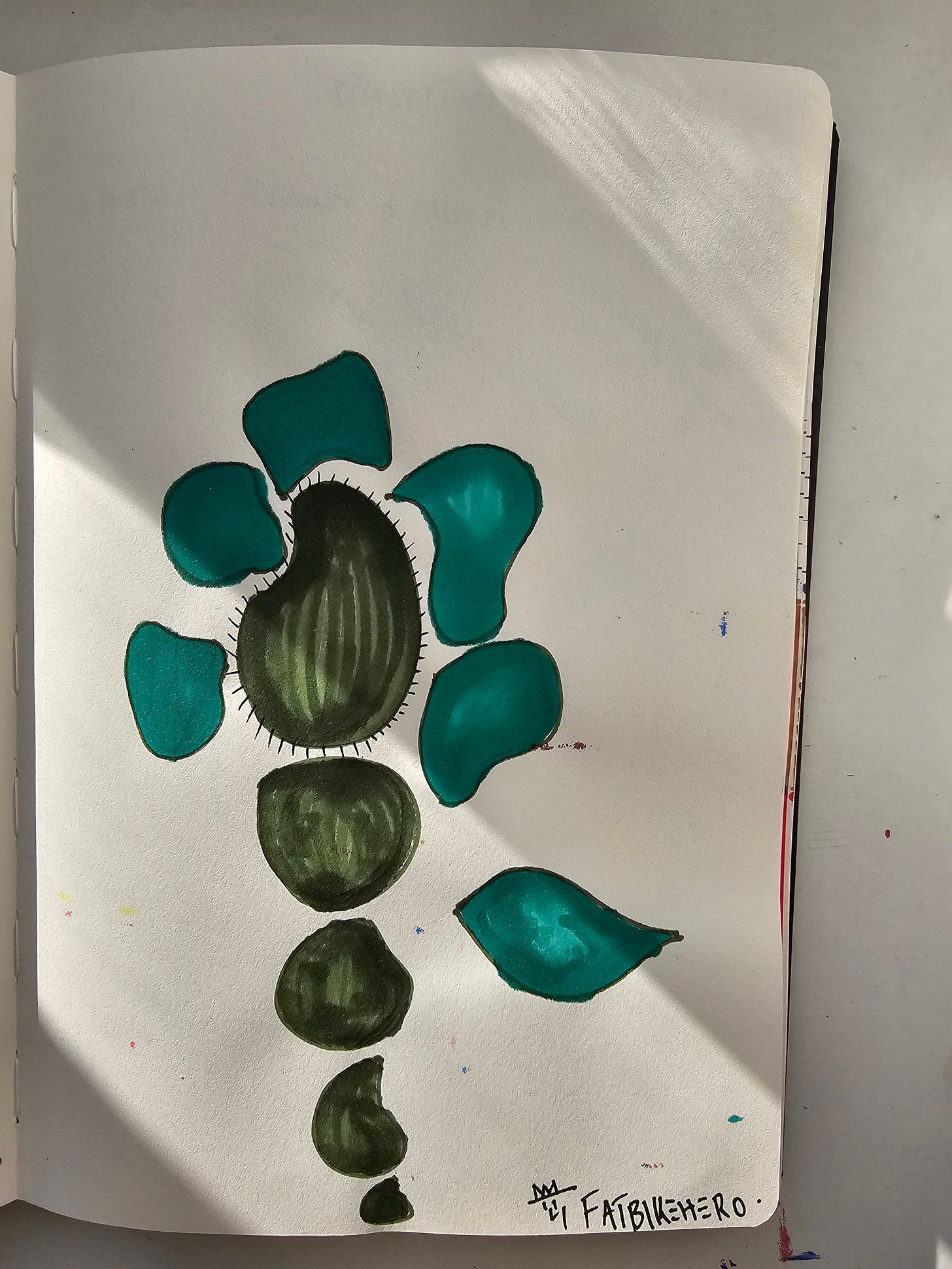 Ink on paper abstract green organic form resembling both a plant and a symbolic footprint, executed in visible hand-applied pigment with natural ink diffusion. Ink on paper abstract green organic form resembling both a plant and a symbolic footprint, executed in visible hand-applied pigment with natural ink diffusion.