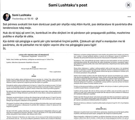 Njoftimi i Sami Lushtakut per Padi ndaj kryeministrit.