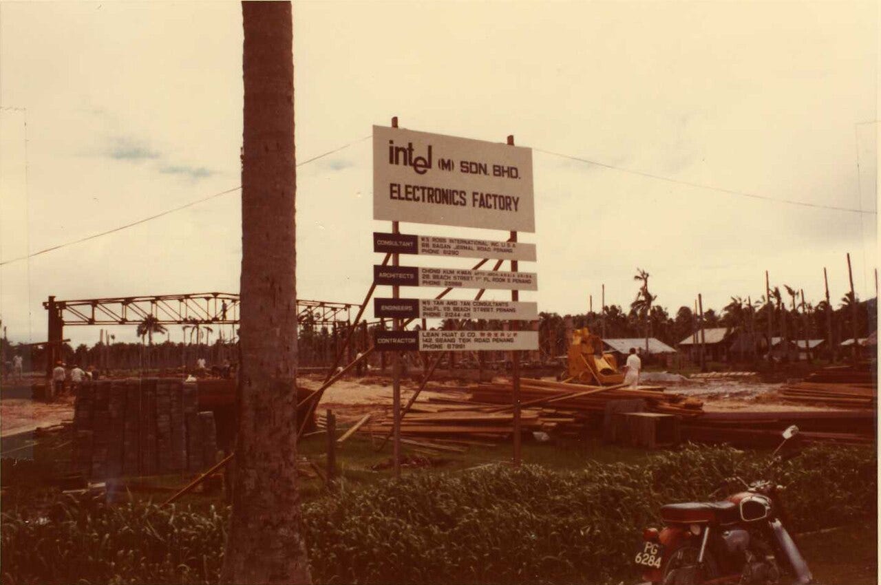 Photo: Intel Free Press / Wikimedia Commons (CC BY-SA 2.0) Intel invested $1.6 million to start its first offshore assembly plant in Penang in 1972. The factory, built in a muddy paddy field, later burned down. Intel Vice President and Oregon Site Manager Keith Thomson, who joined Intel in 1969, recalls that