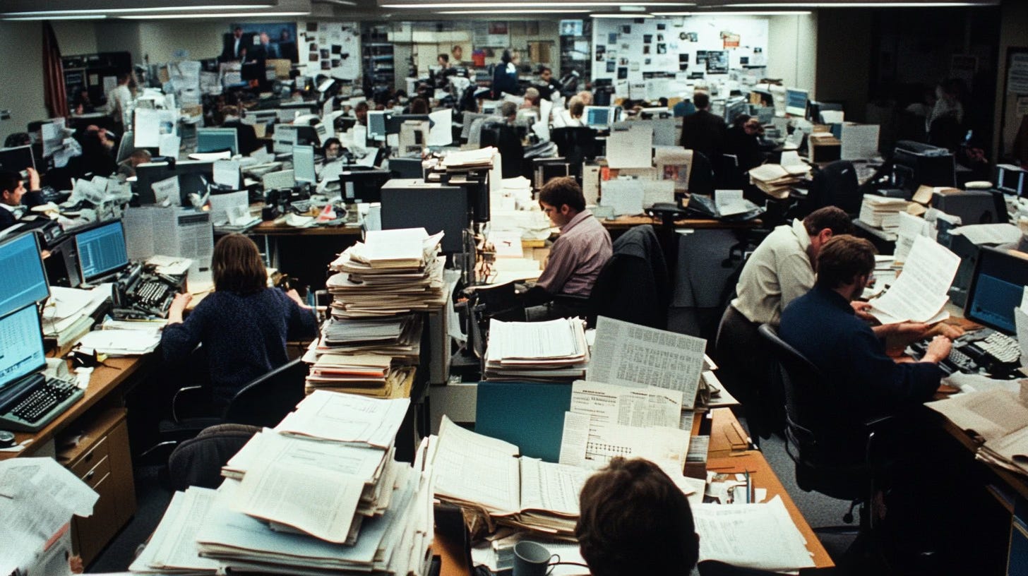 Busy 1990s newspaper newsroom with journalists working at desks covered in stacks of papers, early computer terminals, and filing systems, showing the chaotic environment where photo mix-ups could easily occur Busy 1990s newspaper newsroom with journalists working at desks covered in stacks of papers, early computer terminals, and filing systems, showing the chaotic environment where photo mix-ups could easily occur