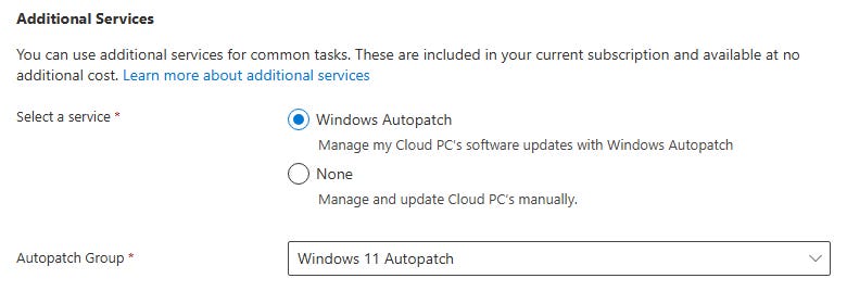 Screenshot: Enabling Windows Autopatch in a Windows 365 provisioning policy Screenshot: Enabling Windows Autopatch in a Windows 365 provisioning policy