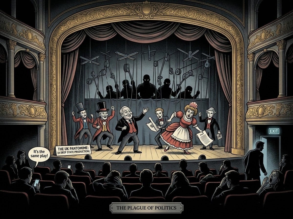 An illustration in a satirical political style depicting a grand, ornate theatre stage where stylized, exaggerated political puppets with generic faces perform a dramatic pantomime play. Behind the scenes, shadowy figures operate the strings. In the foreground, an audience sits in a darkened auditorium looking weary and uninterested, with some turning away or leaving their seats.