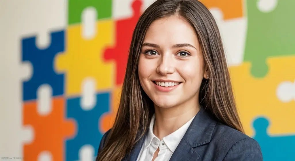 Piecing together epilepsy and understanding it. Puzzle pieces of various colors are a backdrop for a smiling young woman, symbolizing the complex but controllable nature of epilepsy.
