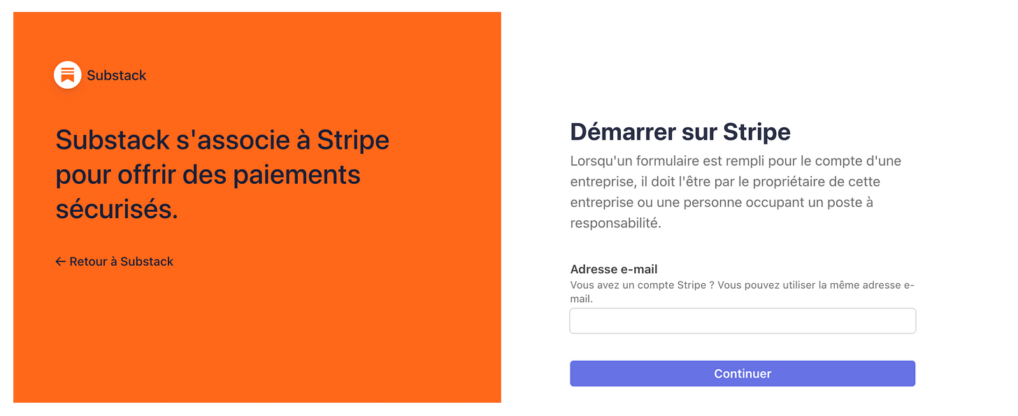 Écran de connexion à Stripe pour configurer les paiements d’une newsletter payante Substack.