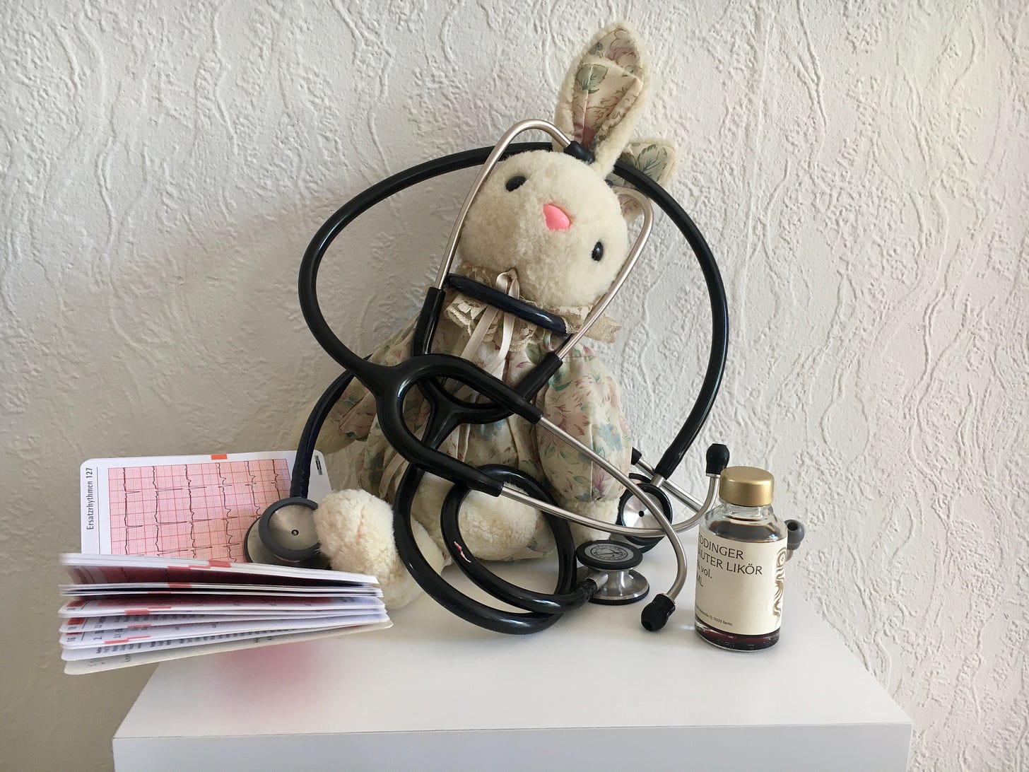Ein Kuschelhase hat sich in drei Stehtoskope verheddert, daneben liegt ein offenes EKG-Handbuch und eine kleine Flasche Likör. Im Hintergrund eine weiße Wand. Ein Kuschelhase hat sich in drei Stehtoskope verheddert, daneben liegt ein offenes EKG-Handbuch und eine kleine Flasche Likör. Im Hintergrund eine weiße Wand.