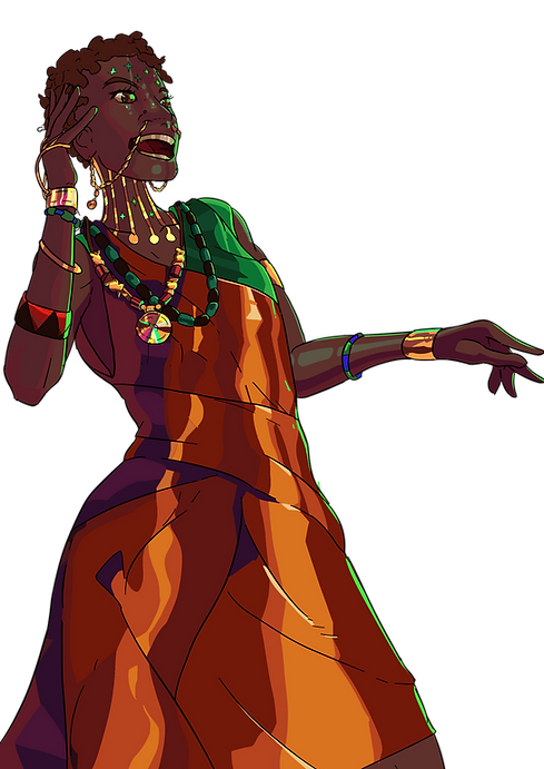 A person in vibrant traditional attire and jewelry, looks upward with a hand near their face. The vivid colors create a dynamic mood.