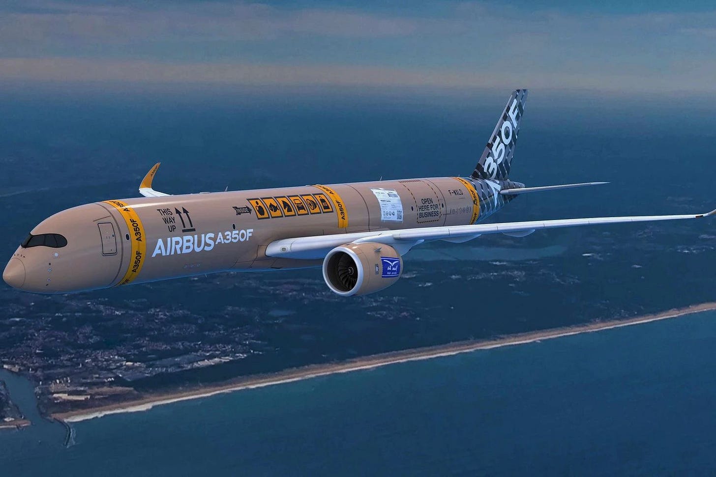 Airbus A350F freighter test aircraft in its flying parcel livery