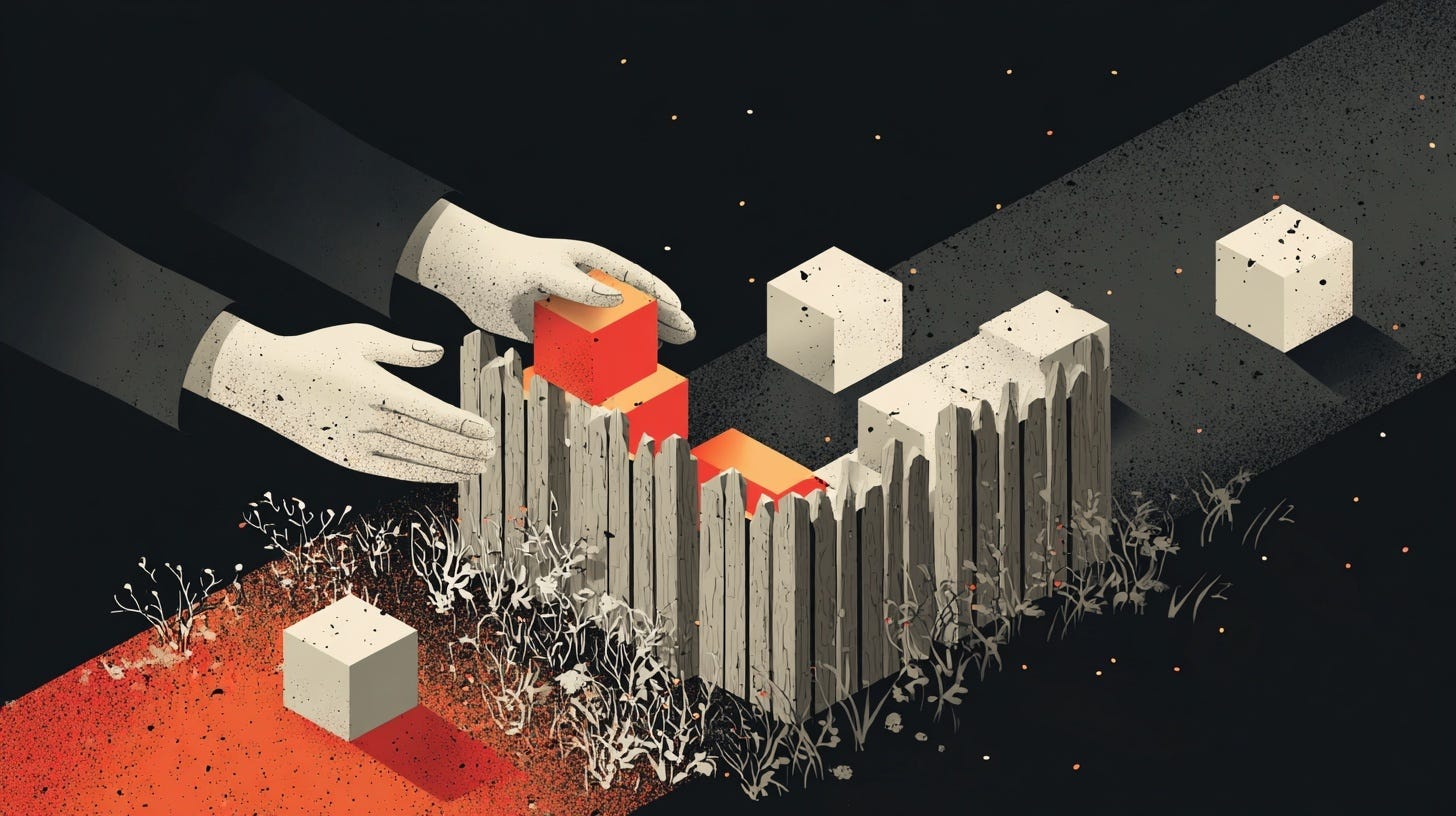 A surreal illustration of two pale hands carefully stacking red and orange cubes beside a jagged wooden fence. White cubes float and rest nearby on a dark, textured surface, while dry plants grow at the base of the fence. The scene conveys a sense of deliberate construction or creation within a desolate, abstract landscape. A surreal illustration of two pale hands carefully stacking red and orange cubes beside a jagged wooden fence. White cubes float and rest nearby on a dark, textured surface, while dry plants grow at the base of the fence. The scene conveys a sense of deliberate construction or creation within a desolate, abstract landscape.