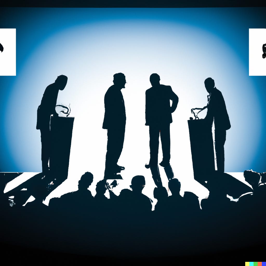 Imagen de cuatro candidatos a contraluz debatiendo Imagen de cuatro candidatos a contraluz debatiendo