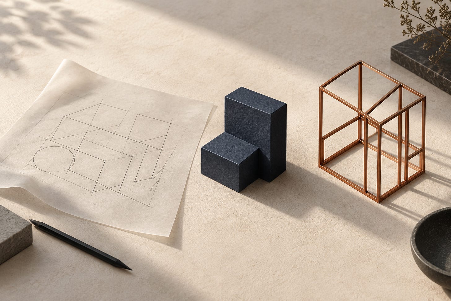Conceptual illustration of a tracing-paper plan, solid navy blocks and an open copper frame on an ivory desk. Conceptual illustration of a tracing-paper plan, solid navy blocks and an open copper frame on an ivory desk.