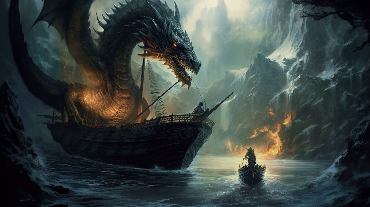 a dragon attacking a boat at the edge of a flat world with water falling over the edge, gothic illustration, --ar 16:9 --s 250