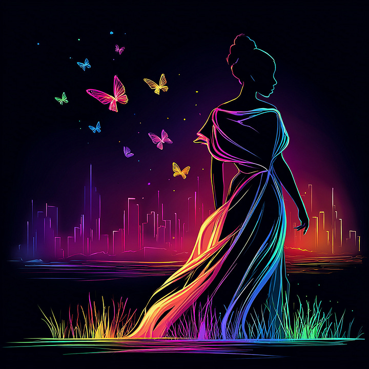 A woman at different stages of life in an open field surrounded by butterflies symbolising growth, creativity and peace