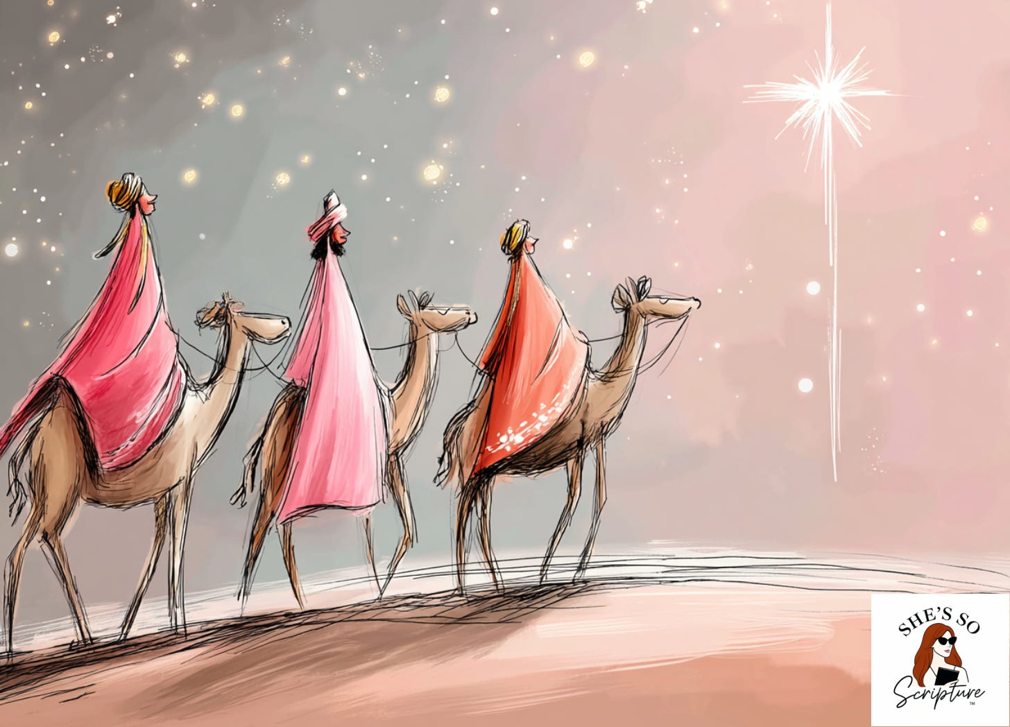 Watercolor illustration of the Magi traveling across a desert night sky guided by a star, symbolizing their journey to visit the child Yeshua.