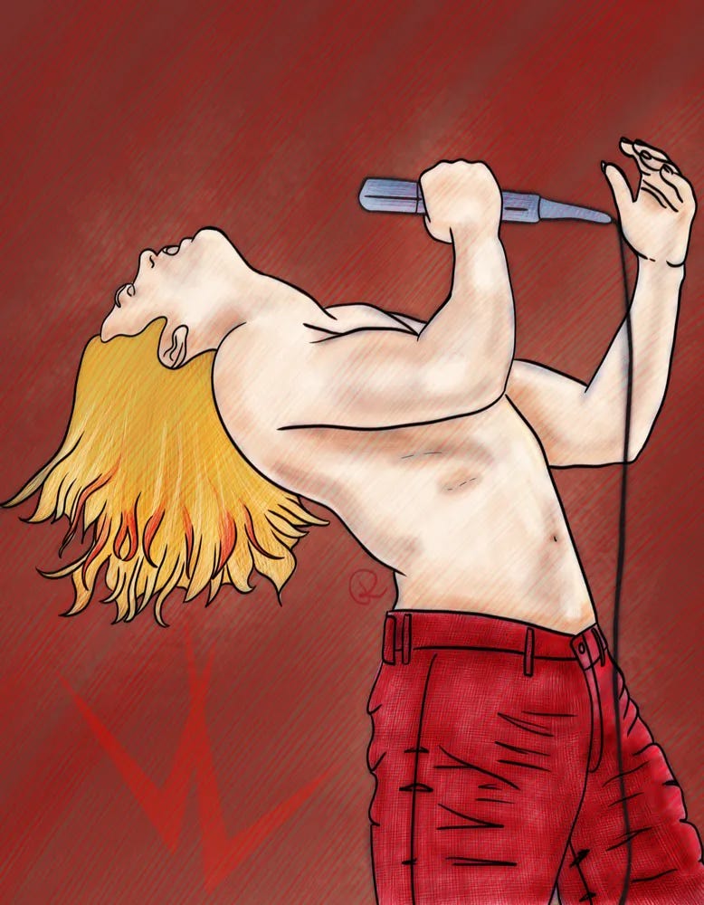 Fanart digital do personagem ficcional Vampiro Lestat cantando e performando. É um homem alto, loiro, de cabelos compridos, magro e com alguns músculos definidos. Ele está sem camisa e veste apenas uma calça vermelha justa ao corpo. O vampiro segura um microfone com a mão direita e seu corpo se curva para trás, com seus longos cabelos pendendo para baixo. Seus olhos estão fechados e sua boca aberta. Abaixo vemos a logo VL.