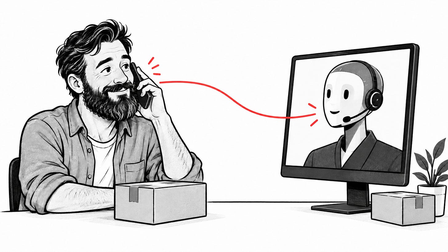 A customer holding a phone beside a delivery parcel speaks to an on-screen AI assistant wearing a headset. Editorial illustration of AI phone support for an online store.