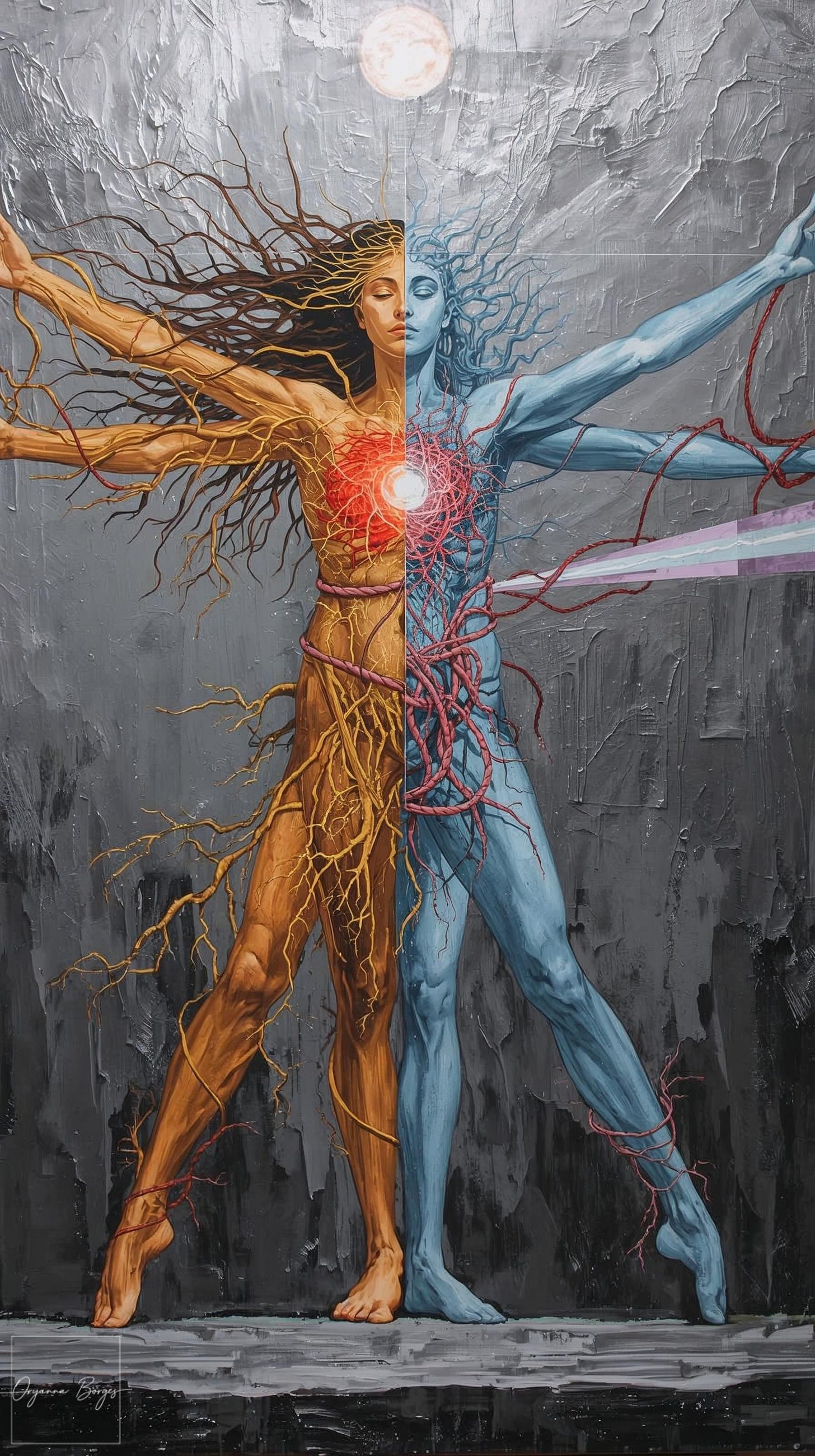 A conceptual art diagram of a neurodivergent Vitruvian Woman in a dancing pose. The chest and torso are compressed by red bindings. The central core is labeled VTA, with gold and neural networks extending left (DOPAMINE) and a blue obsessive focus tunnel leading right (TU). Includes technical markers for MONOTROPISM and HI-FOCO. In the bottom-left corner, bibliographic references to Dorothy Tennov, Helen Fisher, and Murray/Lawson.