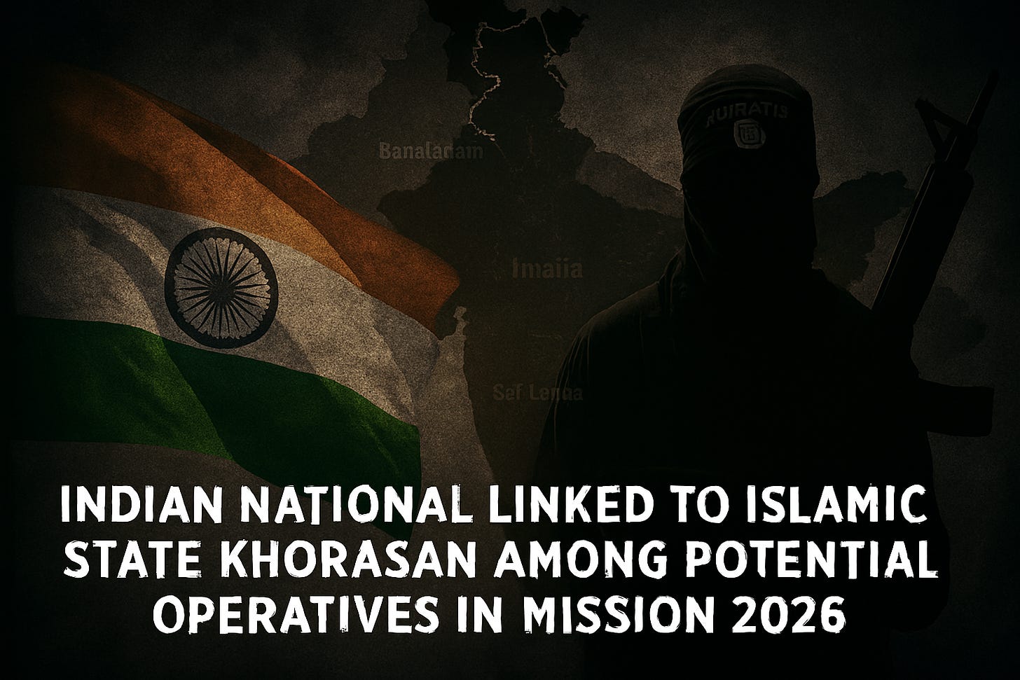 a symbolic illustration showing a veiled woman behind prison bars with a map of South Asia in the background, marked with red zones over West Bangladesh, Sri Lanka, Western India, and Indian Kashmir, representing potential ISKP operational areas for Mission 2026