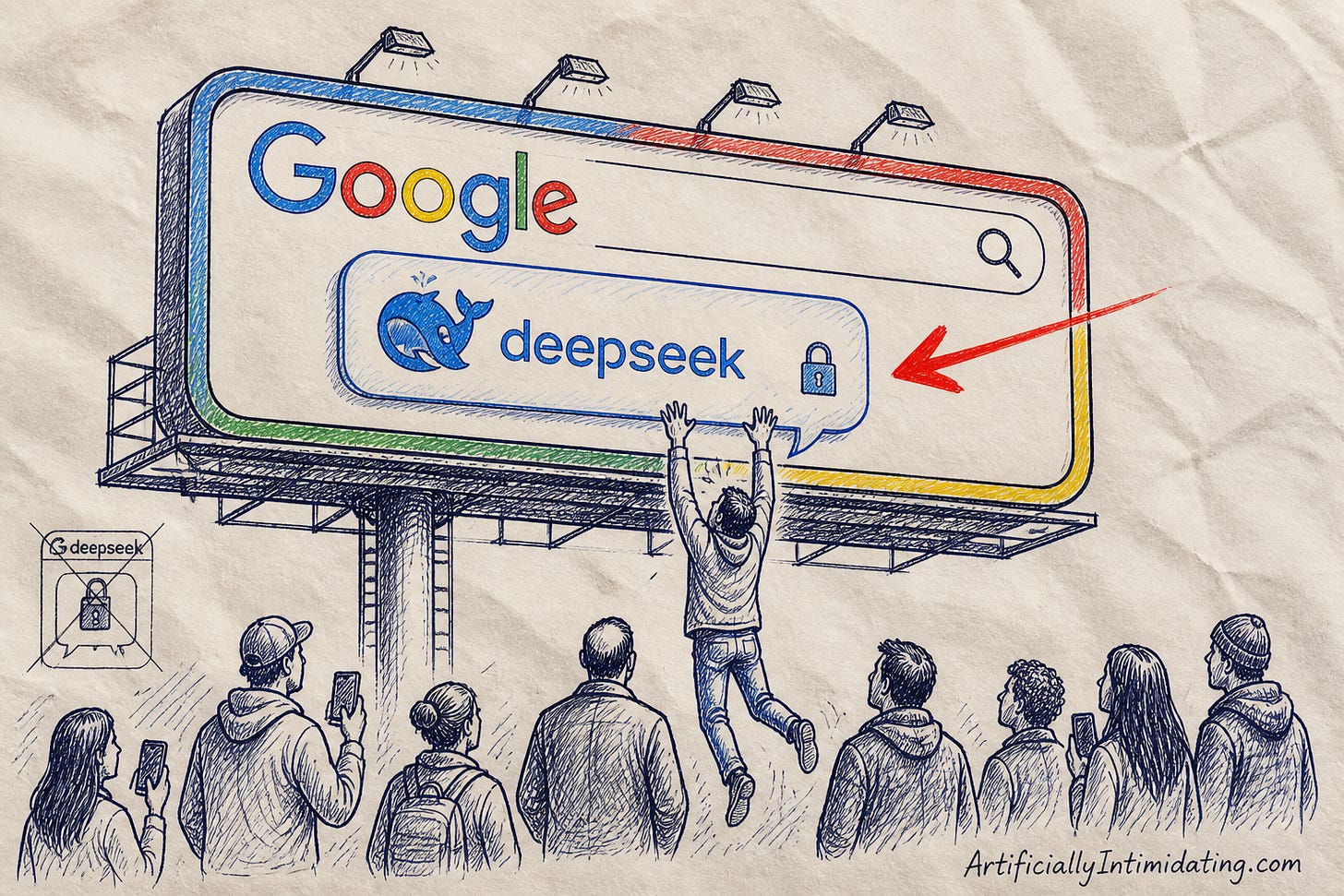 Editorial cartoon: a private chat bubble marked with the DeepSeek whale is displayed on a giant Google search-bar billboard as a crowd reads it and one person tries to snatch it back. Editorial cartoon: a private chat bubble marked with the DeepSeek whale is displayed on a giant Google search-bar billboard as a crowd reads it and one person tries to snatch it back.