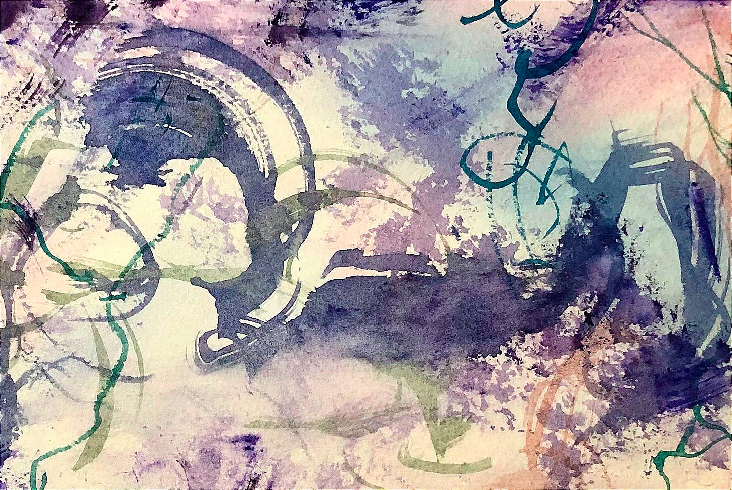 An abstract watercolour painting featuring flowing circular and curved forms in purple, blue, pink, and cream tones. The composition includes overlapping rings, organic shapes, and gestural marks created with loose, expressive brushwork and paint splatters.