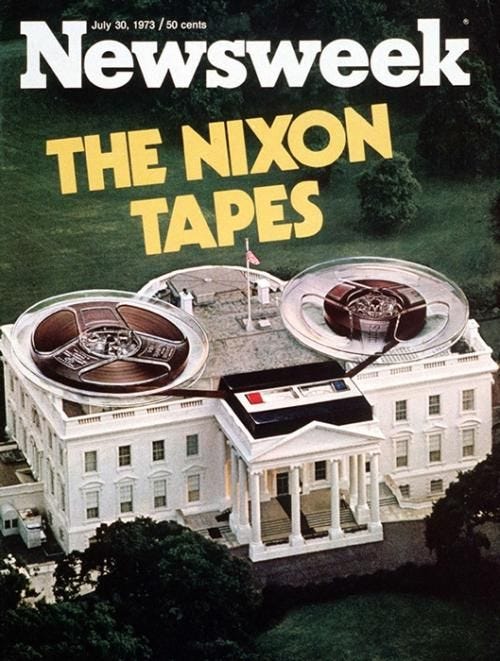 This may contain: an advertisement for the nixon tapes on top of a white house