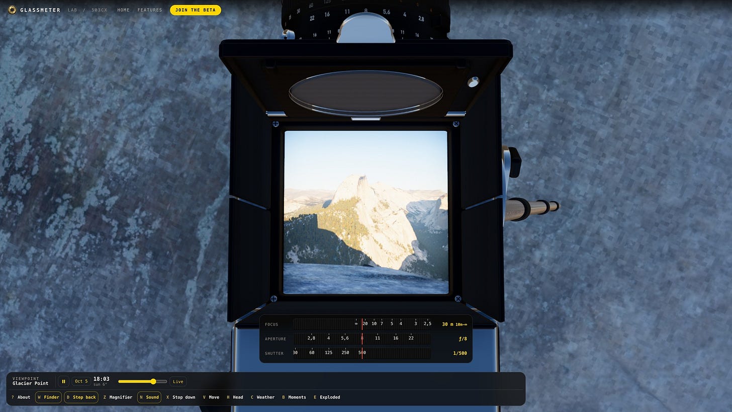 Looking down into the camera's waist-level finder: the ground glass shows Half Dome, reversed left to right. Looking down into the camera's waist-level finder: the ground glass shows Half Dome, reversed left to right.