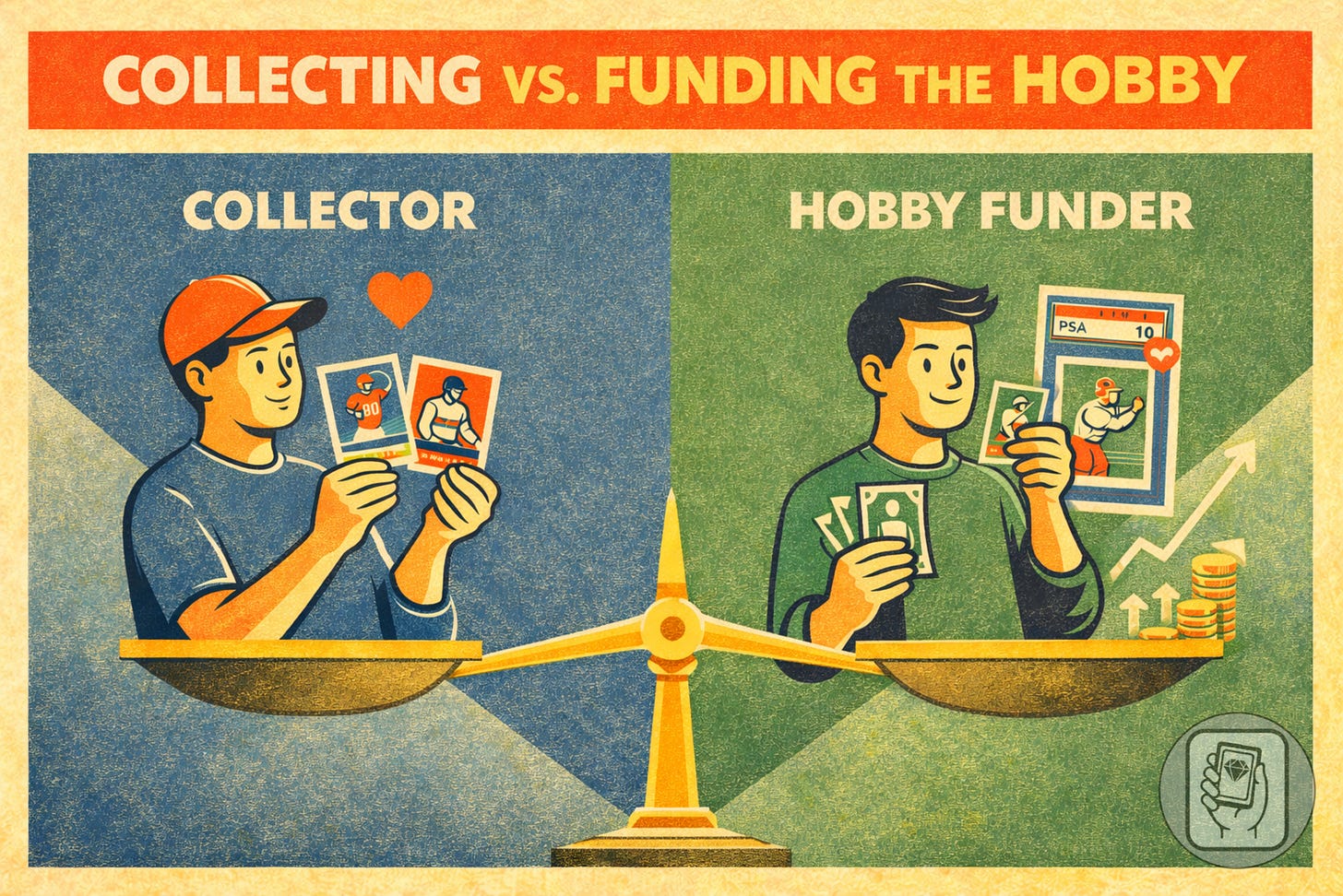 Vintage-style illustration showing a sports card collector focused on meaning versus a hobby funder using cards to support the hobby