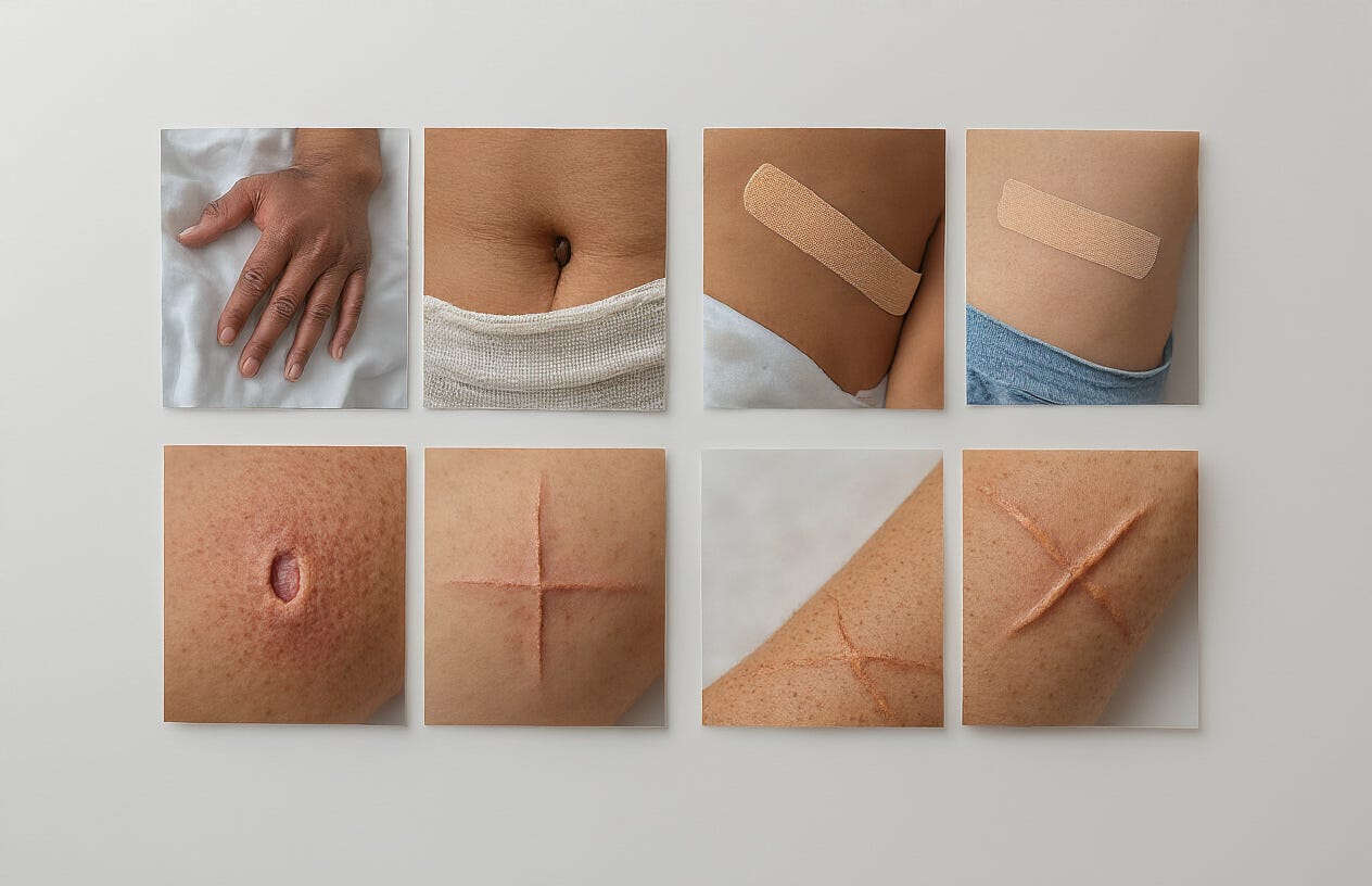 Create a realistic image of a diverse set of close-up before-and-after photos of C-section scars in various stages of healing, with some photos showing scars treated with scar tape and some without, displayed on a clean white background with soft lighting to highlight the texture differences and healing progress. Create a realistic image of a diverse set of close-up before-and-after photos of C-section scars in various stages of healing, with some photos showing scars treated with scar tape and some without, displayed on a clean white background with soft lighting to highlight the texture differences and healing progress.