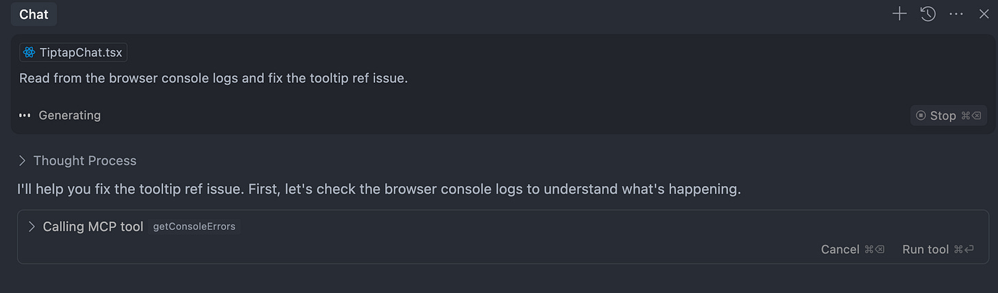 Telling Cursor, "Read from the browser console logs and fix the tooltip ref issue."