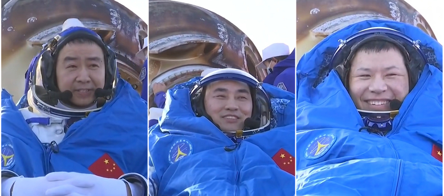 Chen Dong (left), Chen Zhongrui (center), and Wang Jie (right) briefly speaking to the media after exiting the Shenzhou-21 spacecraft’s reentry capsule.