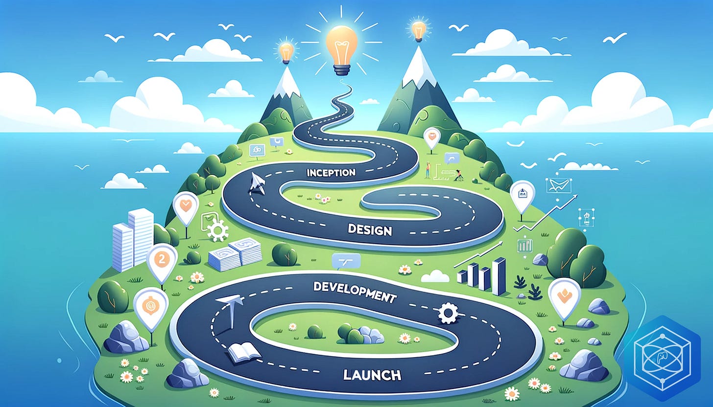Illustration of a pathway with milestones labeled 'Inception', 'Design', 'Development', and 'Launch', representing the journey of building a digital platform.